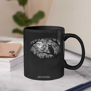 Gothic Owl Full Moon Forest Vintage Coffee Mug Monochromatic Dark Fantasy Night Bird Aesthetic