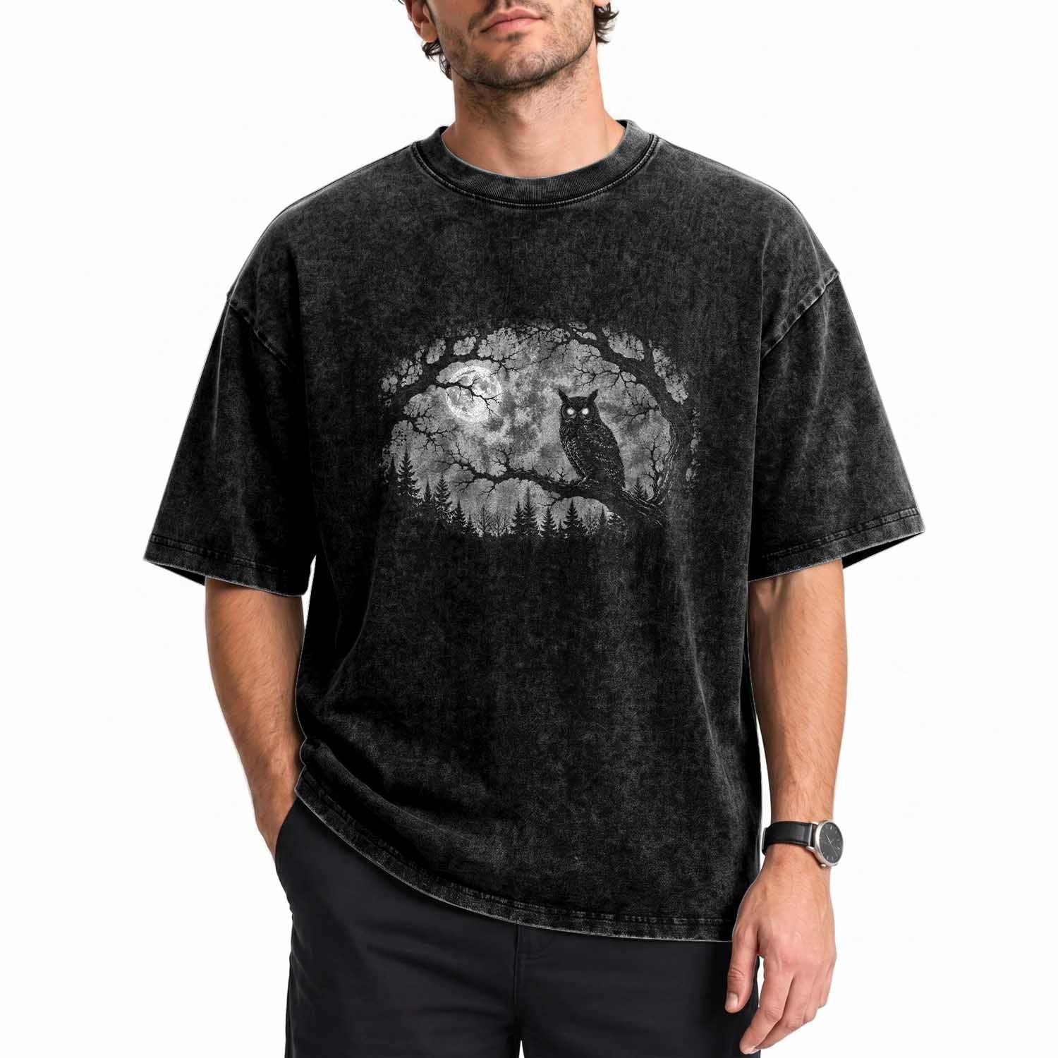 Gothic Owl Full Moon Forest Vintage Washed Cotton T-Shirt Monochromatic Dark Fantasy Night Bird Aesthetic