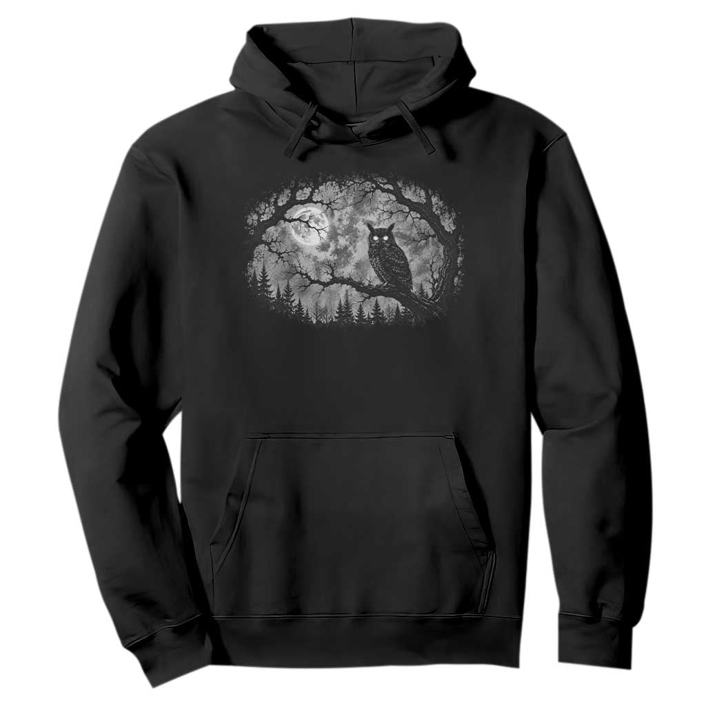 Gothic Owl Full Moon Forest Vintage Hoodie Monochromatic Dark Fantasy Night Bird Aesthetic