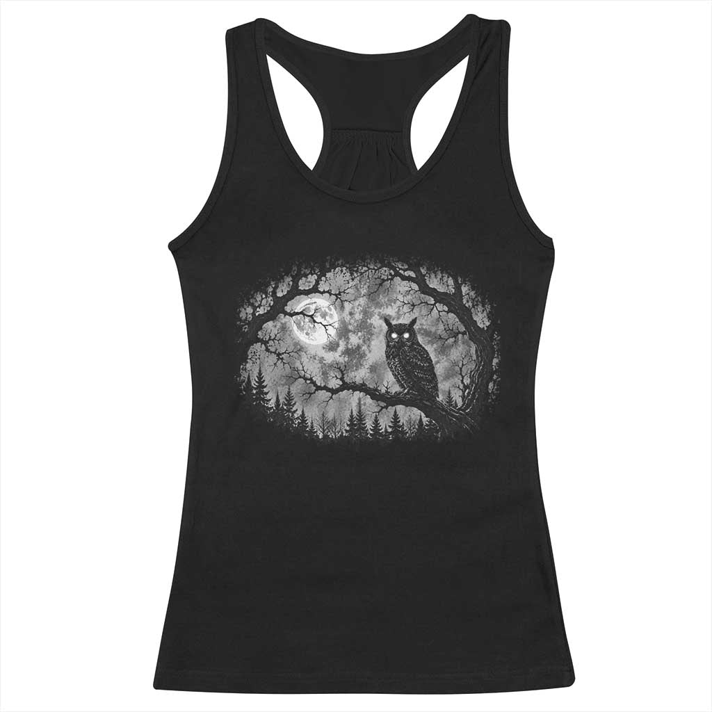 Gothic Owl Full Moon Forest Vintage Racerback Tank Top Monochromatic Dark Fantasy Night Bird Aesthetic