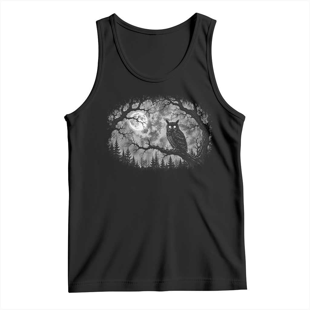 Gothic Owl Full Moon Forest Vintage Tank Top Monochromatic Dark Fantasy Night Bird Aesthetic