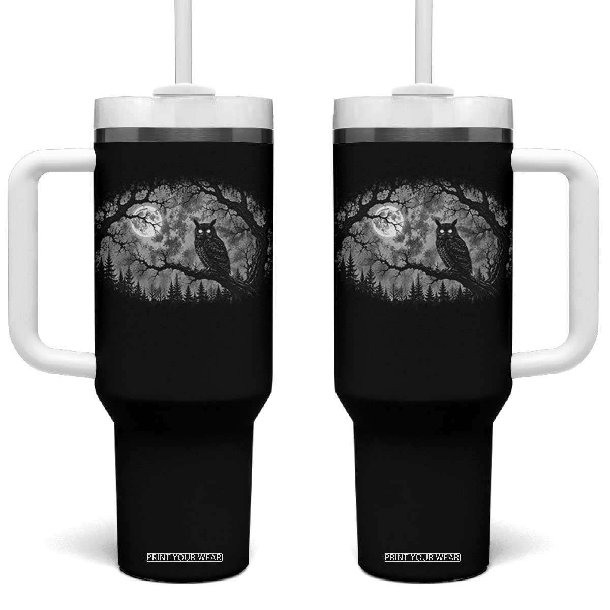 Gothic Owl Full Moon Forest Vintage Tumbler With Handle Monochromatic Dark Fantasy Night Bird Aesthetic