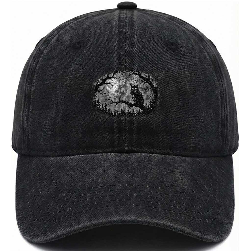 Gothic Owl Full Moon Forest Vintage Washed Cotton Baseball Cap Monochromatic Dark Fantasy Night Bird Aesthetic