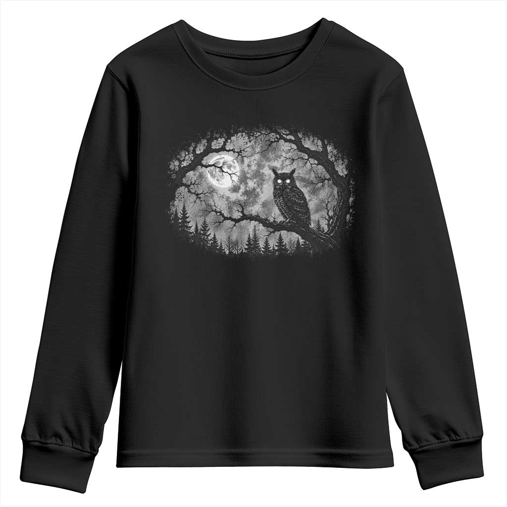 Gothic Owl Full Moon Forest Vintage Youth Sweatshirt Monochromatic Dark Fantasy Night Bird Aesthetic
