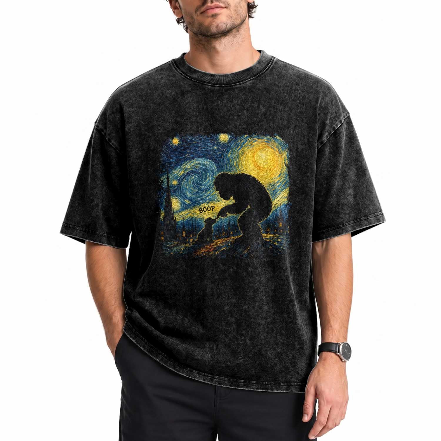 Bigfoot Boop Dog Starry Night Washed Cotton T-Shirt Funny Sasquatch Meme Dog Lovers Van Gogh Parody Graphic