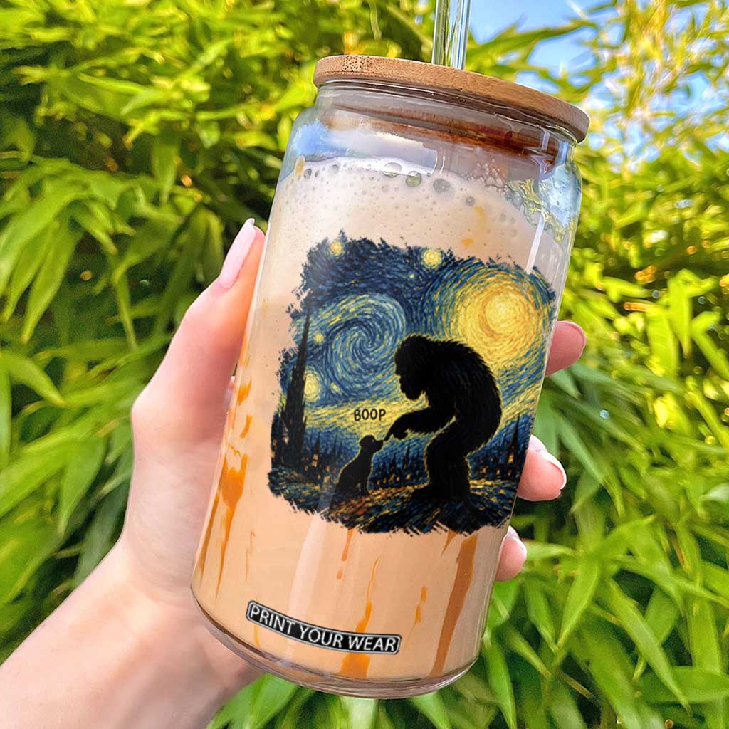 Bigfoot Boop Dog Starry Night Glass Can Funny Sasquatch Meme Dog Lovers Van Gogh Parody Graphic