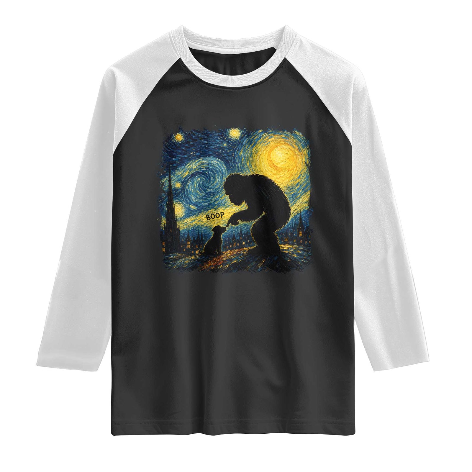 Bigfoot Boop Dog Starry Night Raglan Shirt Funny Sasquatch Meme Dog Lovers Van Gogh Parody Graphic