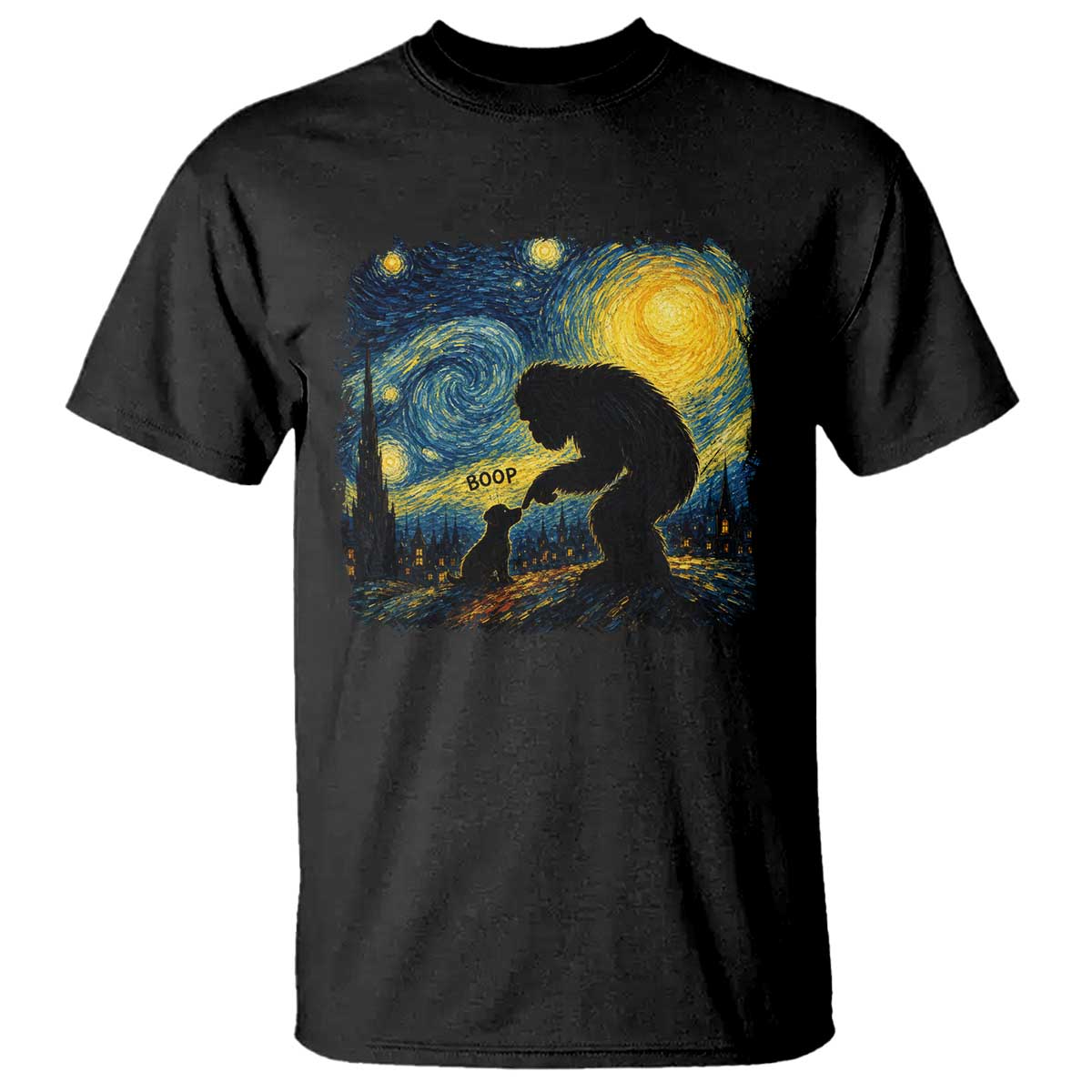 Bigfoot Boop Dog Starry Night T Shirt Funny Sasquatch Meme Dog Lovers Van Gogh Parody Graphic
