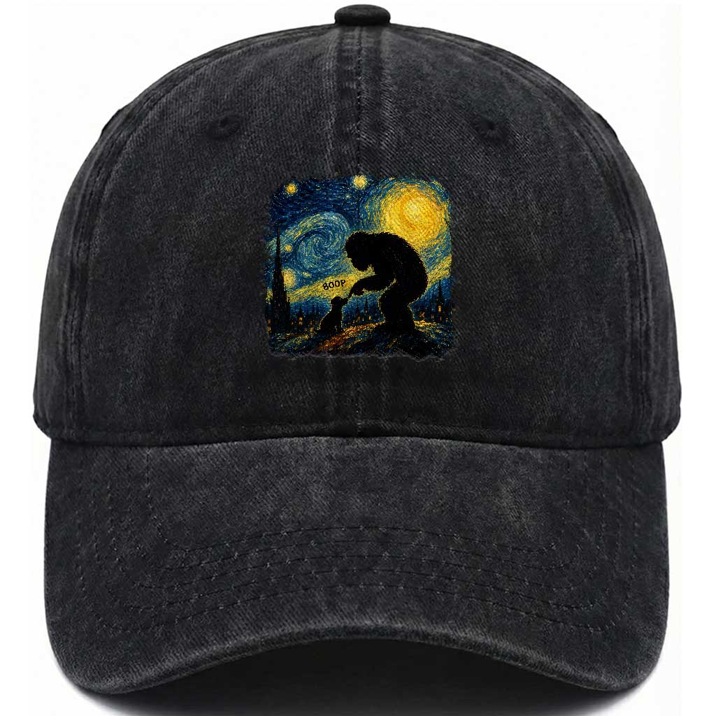 Bigfoot Boop Dog Starry Night Washed Cotton Baseball Cap Funny Sasquatch Meme Dog Lovers Van Gogh Parody Graphic