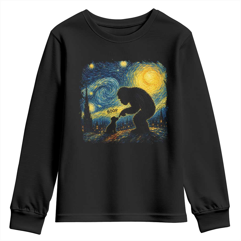 Bigfoot Boop Dog Starry Night Youth Sweatshirt Funny Sasquatch Meme Dog Lovers Van Gogh Parody Graphic