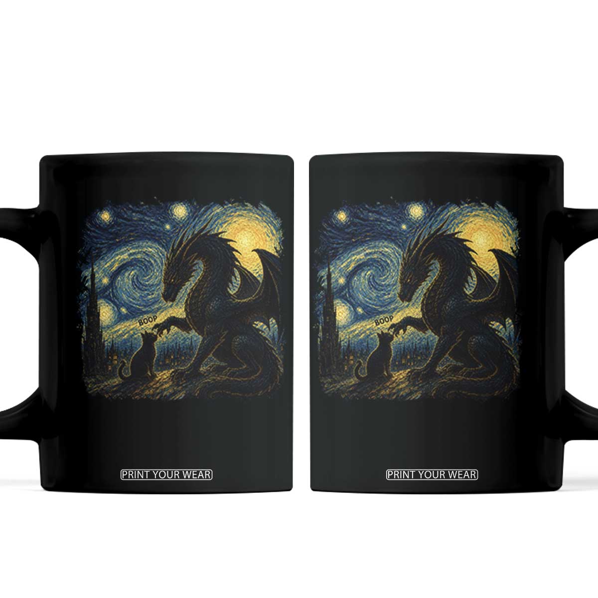 Dragon Boop Cat Starry Night Coffee Mug Cute Fantasy Night Van Gogh Parody Graphic