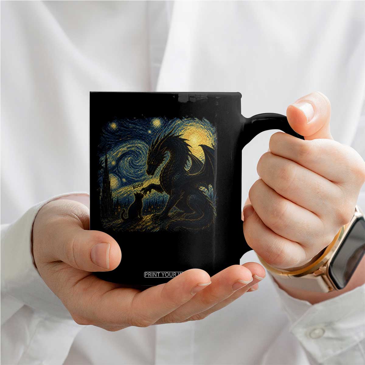 Dragon Boop Cat Starry Night Coffee Mug Cute Fantasy Night Van Gogh Parody Graphic