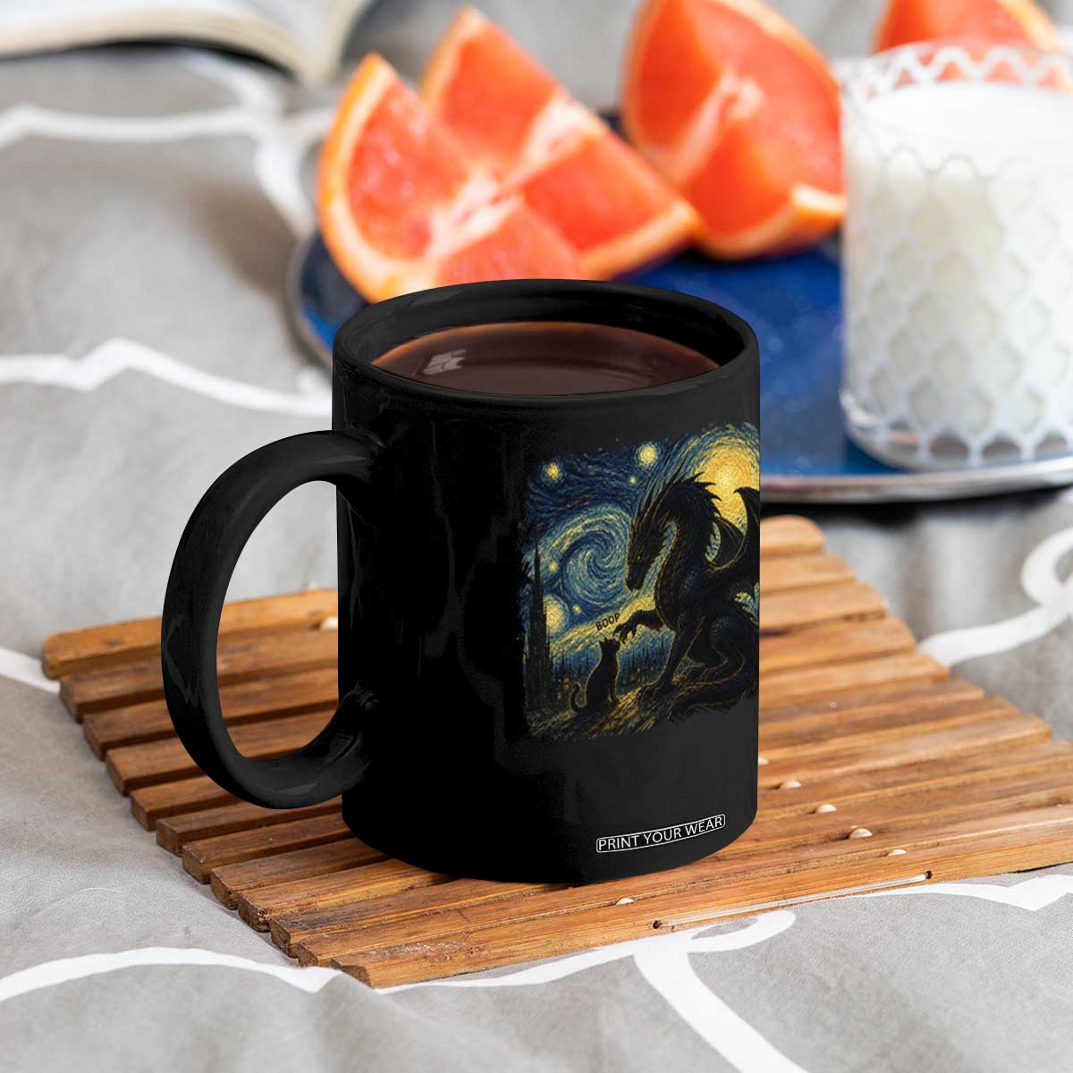 Dragon Boop Cat Starry Night Coffee Mug Cute Fantasy Night Van Gogh Parody Graphic