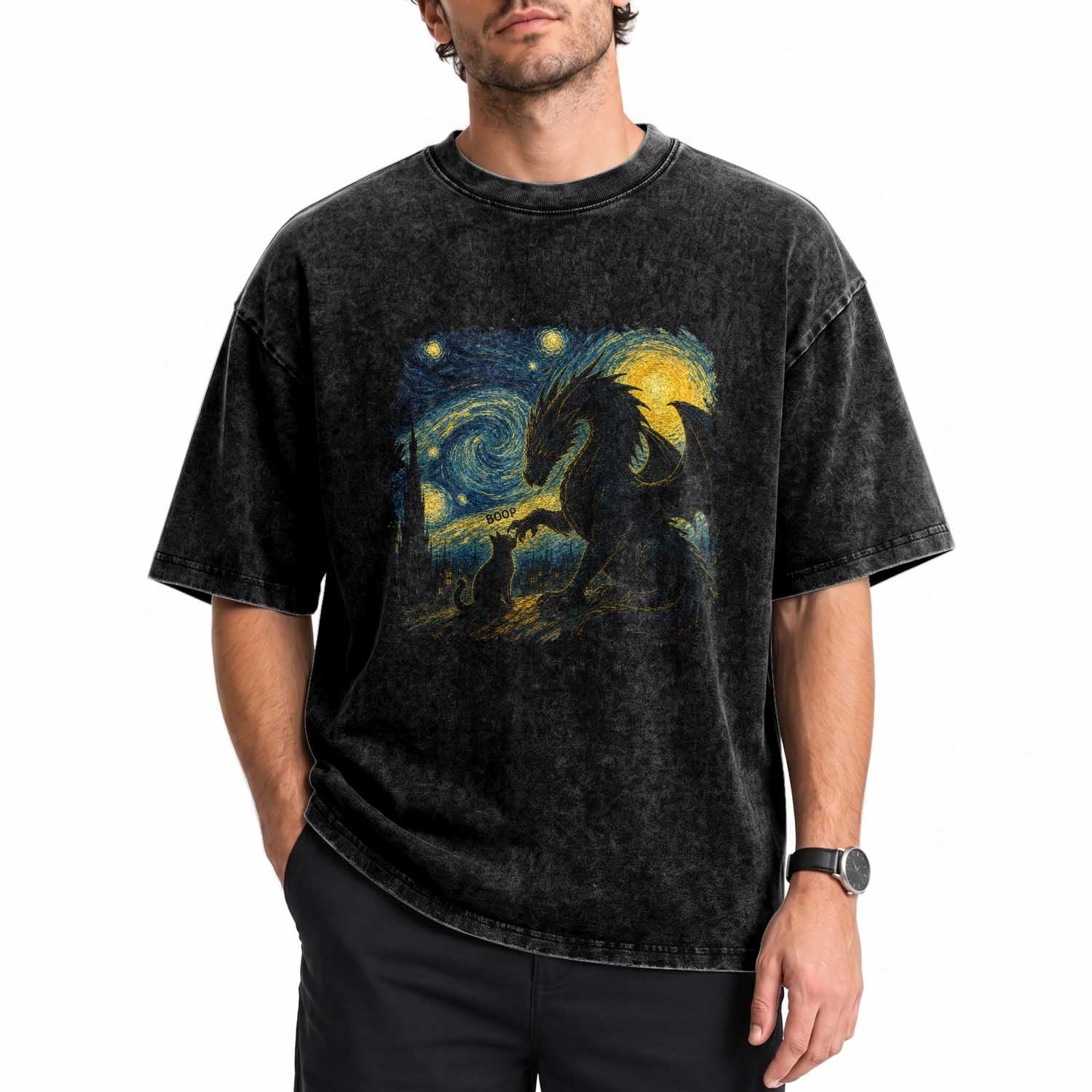 Dragon Boop Cat Starry Night Washed Cotton T-Shirt Cute Fantasy Night Van Gogh Parody Graphic