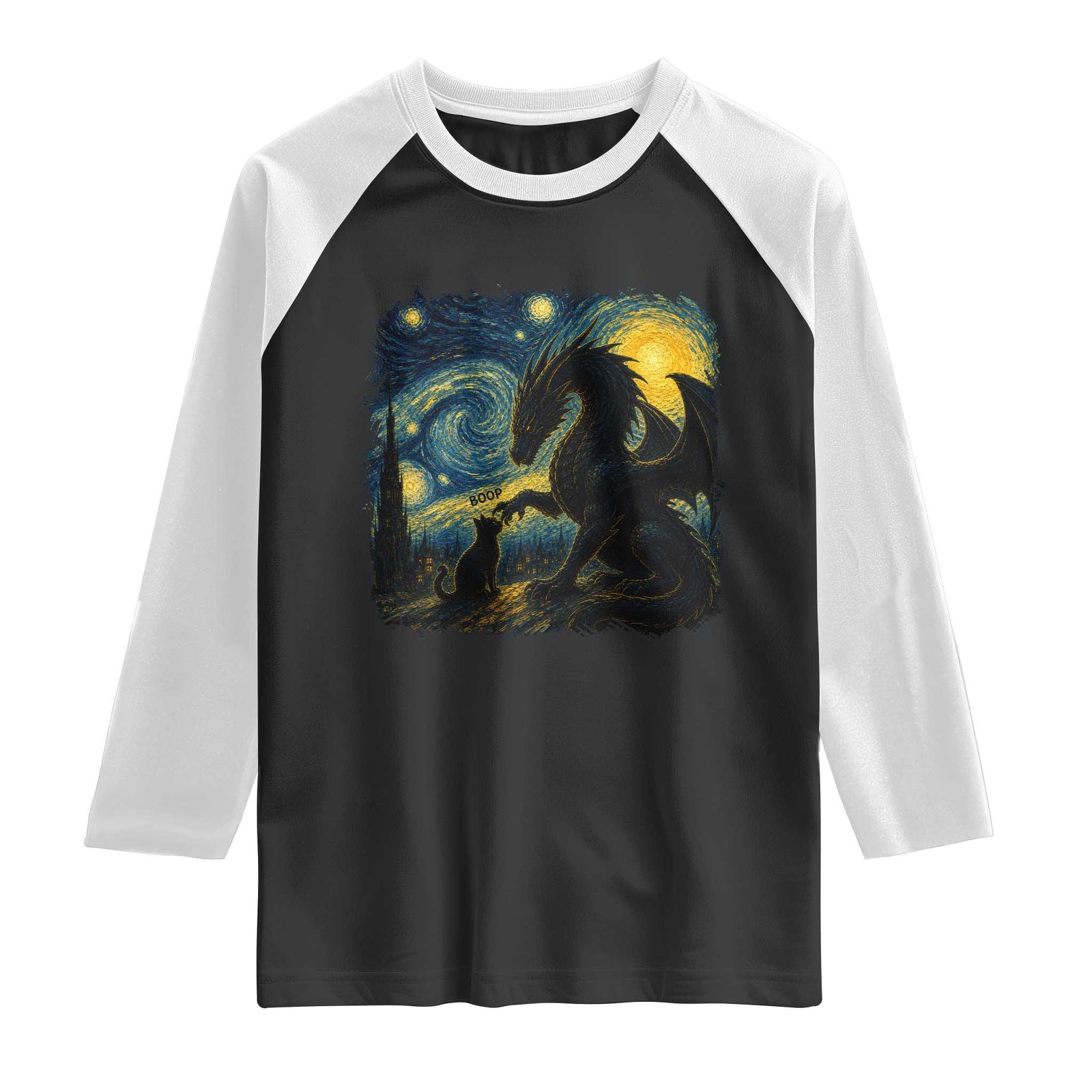 Dragon Boop Cat Starry Night Raglan Shirt Cute Fantasy Night Van Gogh Parody Graphic