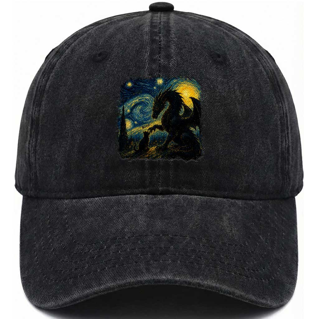 Dragon Boop Cat Starry Night Washed Cotton Baseball Cap Cute Fantasy Night Van Gogh Parody Graphic