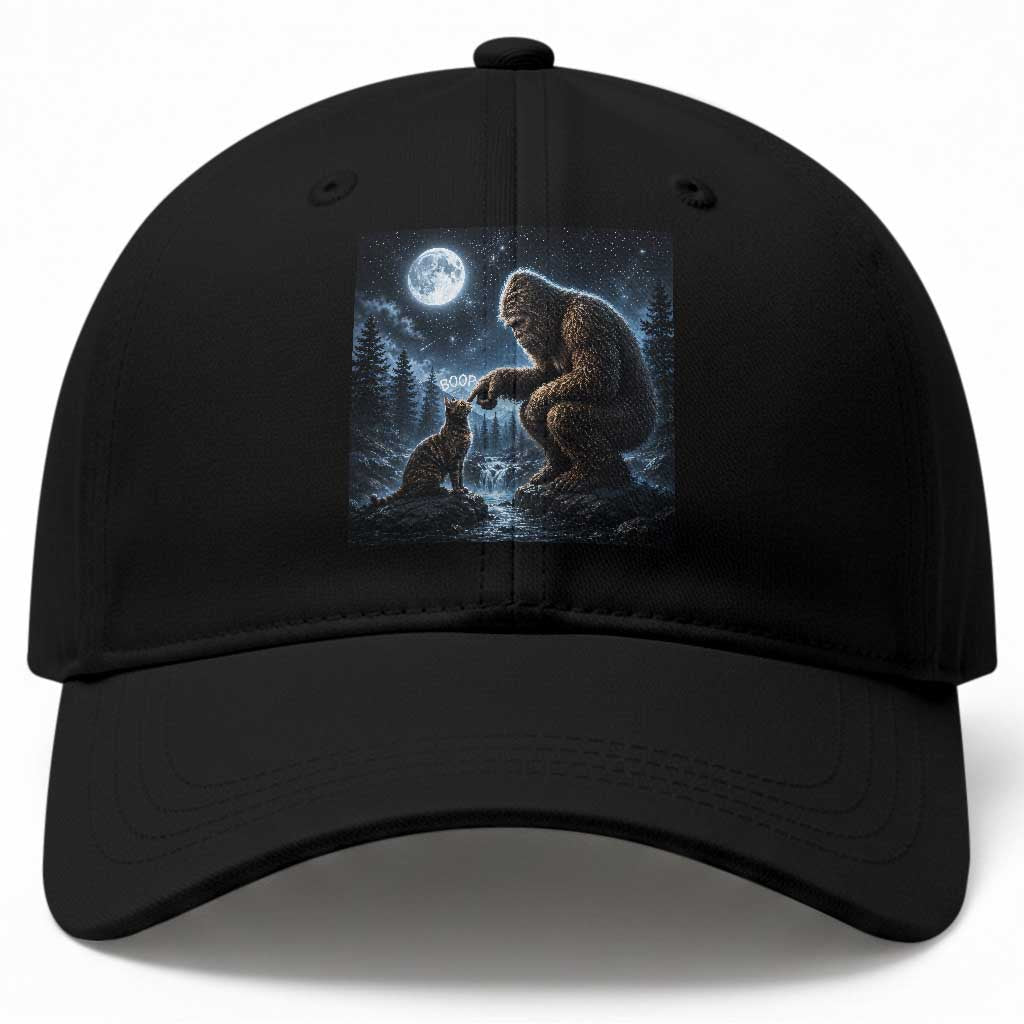 Bigfoot Boop Tortoiseshell Cat Under Full Moon 90s Retro Baseball Cap Sasquatch Fantasy Graphic