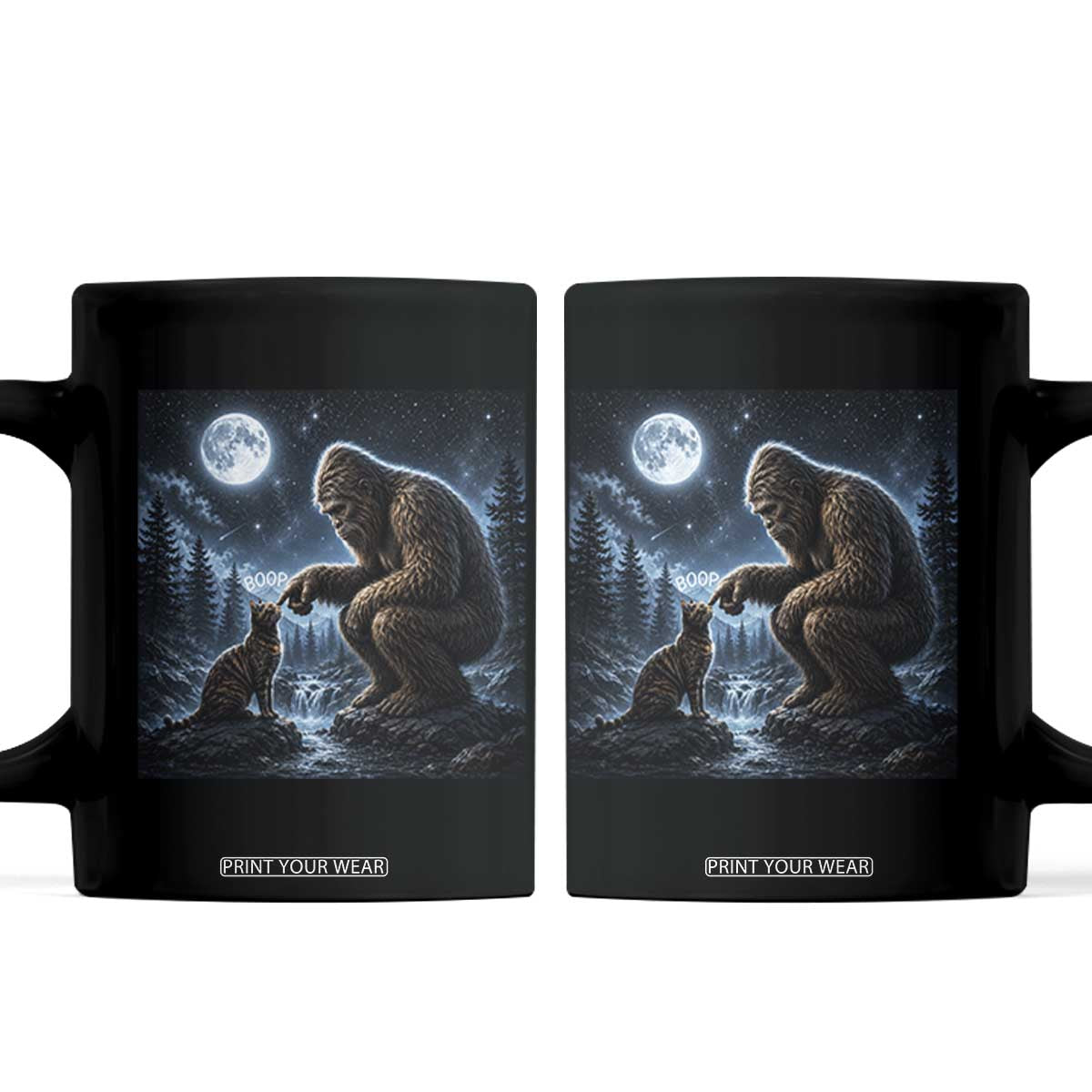 Bigfoot Boop Tortoiseshell Cat Under Full Moon 90s Retro Coffee Mug Sasquatch Fantasy Graphic