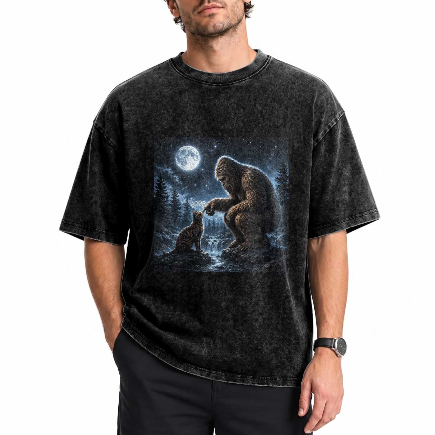 Bigfoot Boop Tortoiseshell Cat Under Full Moon 90s Retro Washed Cotton T-Shirt Sasquatch Fantasy Graphic