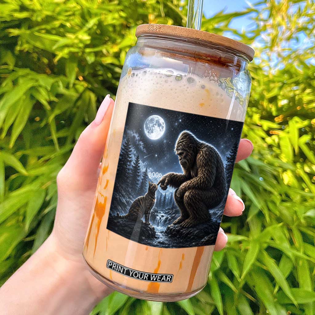 Bigfoot Boop Tortoiseshell Cat Under Full Moon 90s Retro Glass Can Sasquatch Fantasy Graphic
