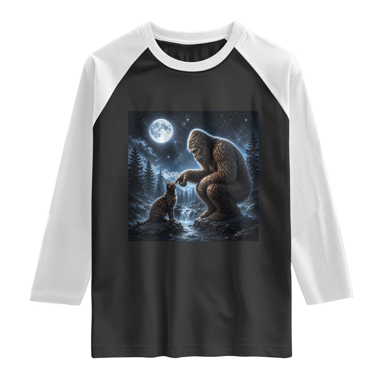 Bigfoot Boop Tortoiseshell Cat Under Full Moon 90s Retro Raglan Shirt Sasquatch Fantasy Graphic