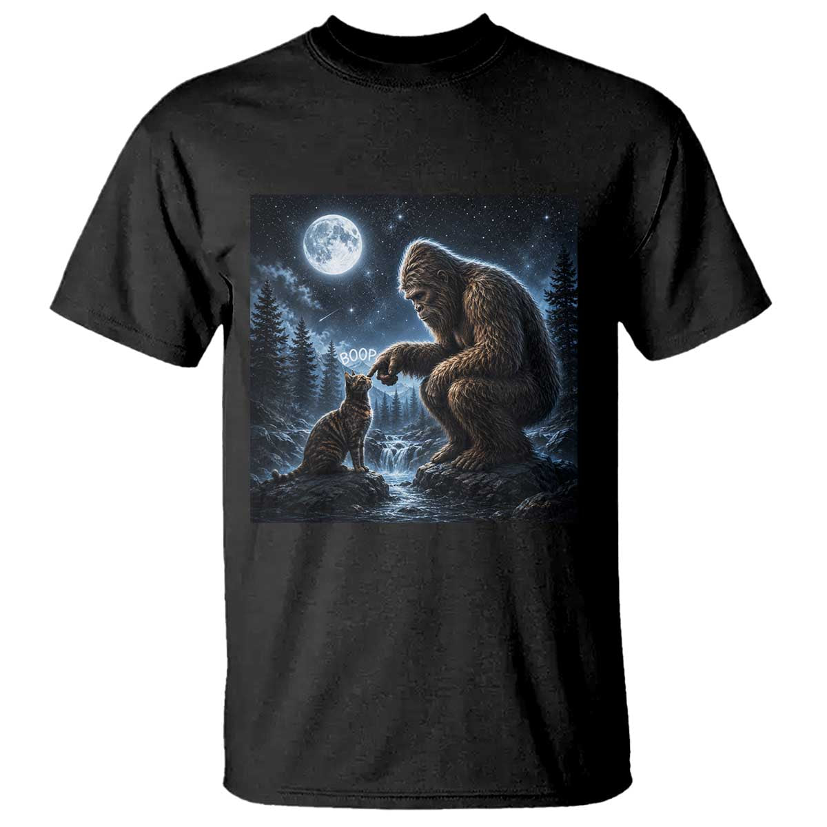 Bigfoot Boop Tortoiseshell Cat Under Full Moon 90s Retro T Shirt Sasquatch Fantasy Graphic