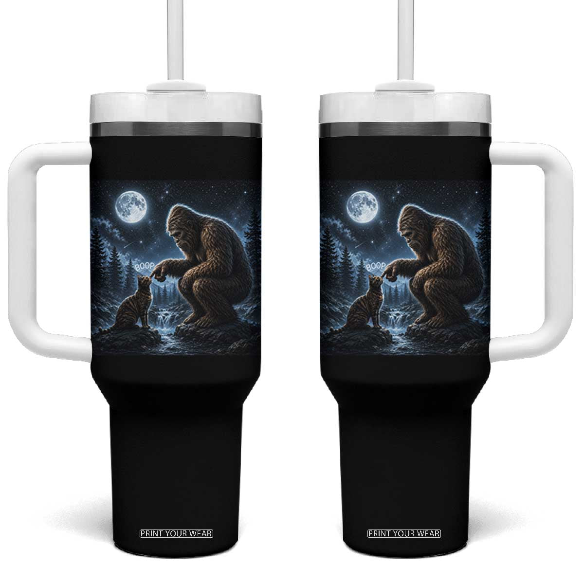 Bigfoot Boop Tortoiseshell Cat Under Full Moon 90s Retro Tumbler With Handle Sasquatch Fantasy Graphic