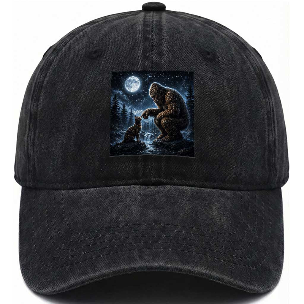 Bigfoot Boop Tortoiseshell Cat Under Full Moon 90s Retro Washed Cotton Baseball Cap Sasquatch Fantasy Graphic