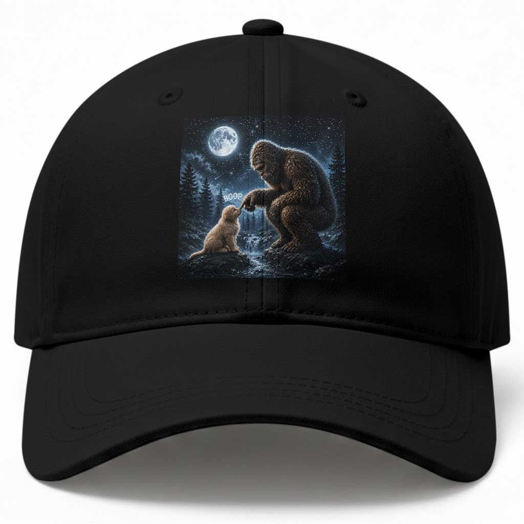 Bigfoot Boop Golden Retriever Dog Under Full Moon 90s Retro Baseball Cap Sasquatch Fantasy Graphic