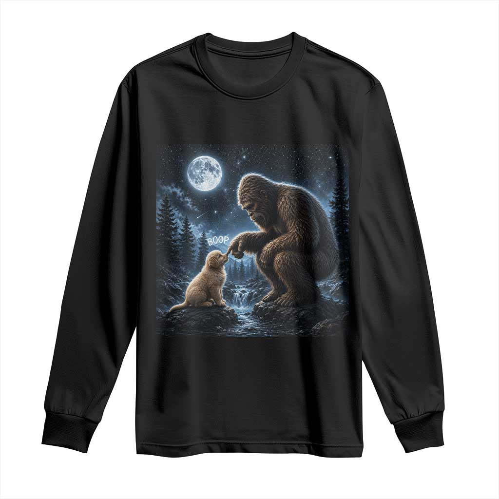Bigfoot Boop Golden Retriever Dog Under Full Moon 90s Retro Long Sleeve Shirt Sasquatch Fantasy Graphic