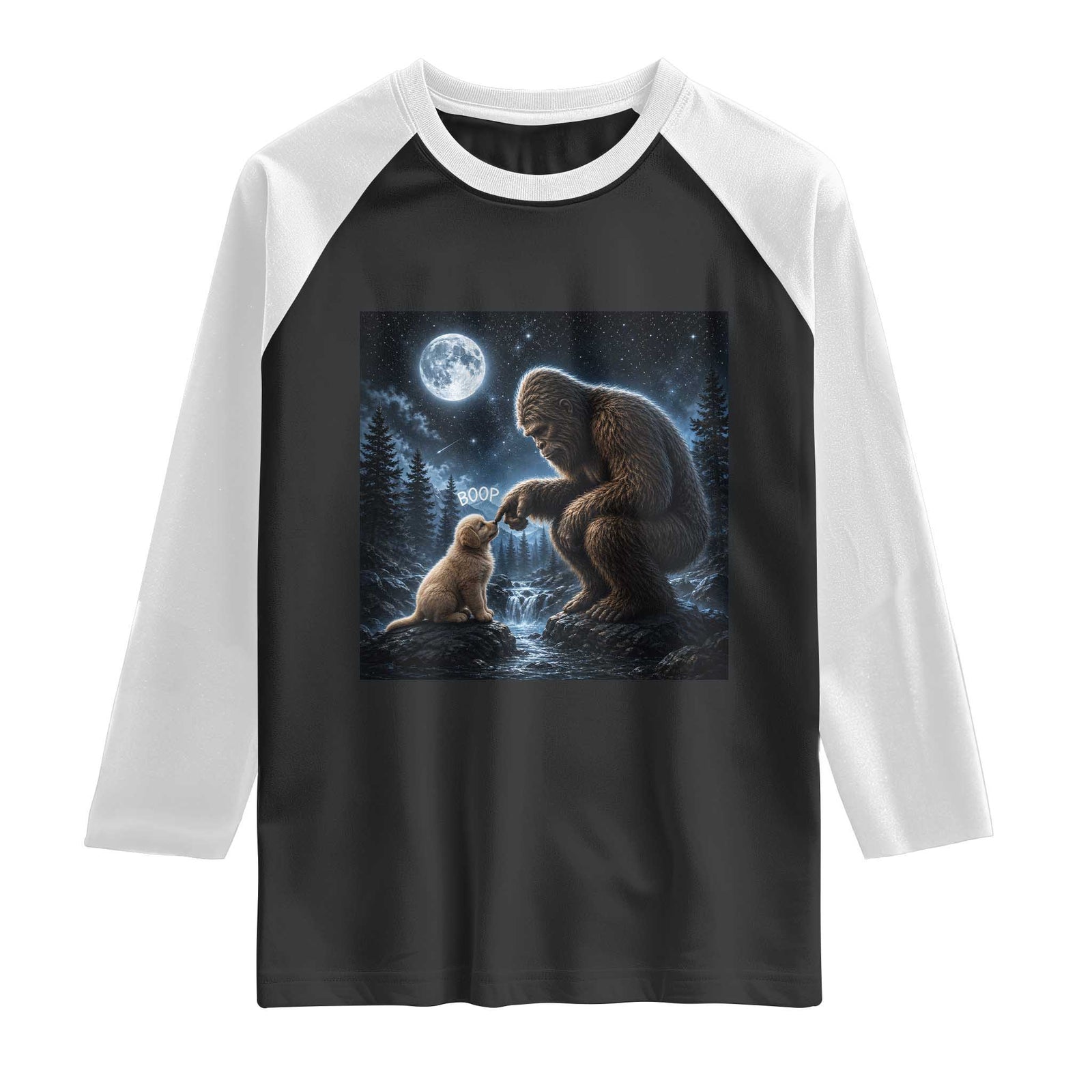 Bigfoot Boop Golden Retriever Dog Under Full Moon 90s Retro Raglan Shirt Sasquatch Fantasy Graphic