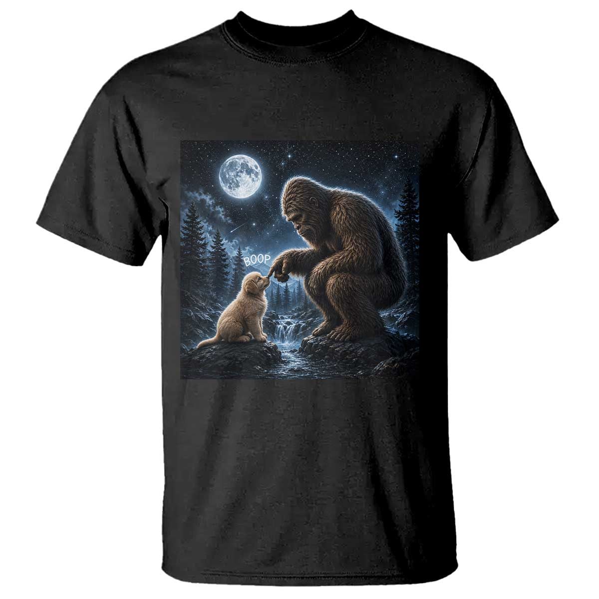 Bigfoot Boop Golden Retriever Dog Under Full Moon 90s Retro T Shirt Sasquatch Fantasy Graphic
