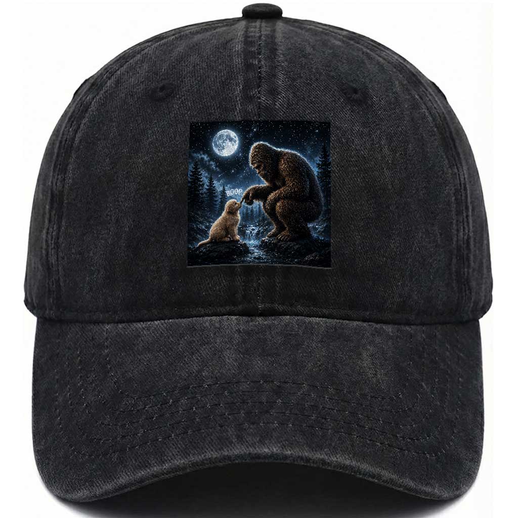 Bigfoot Boop Golden Retriever Dog Under Full Moon 90s Retro Washed Cotton Baseball Cap Sasquatch Fantasy Graphic