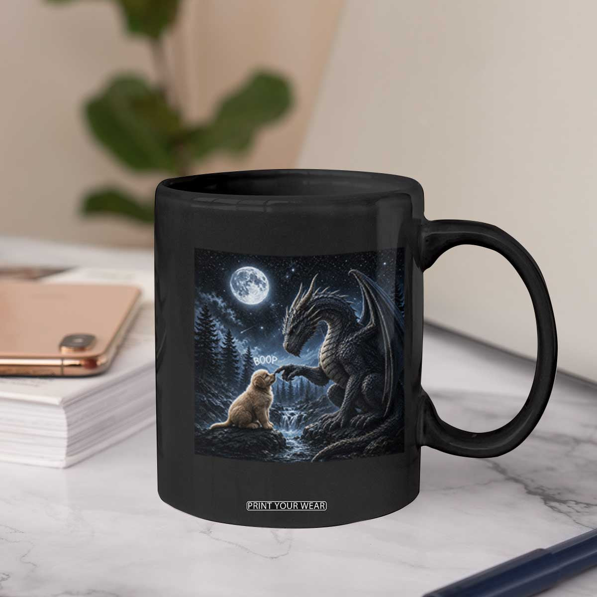Dragon Boop Golden Retriever Dog Under Full Moon 90s Retro Coffee Mug