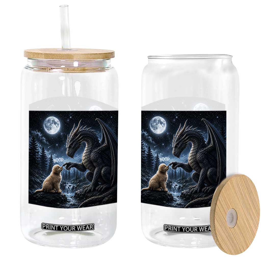 Dragon Boop Golden Retriever Dog Under Full Moon 90s Retro Glass Can