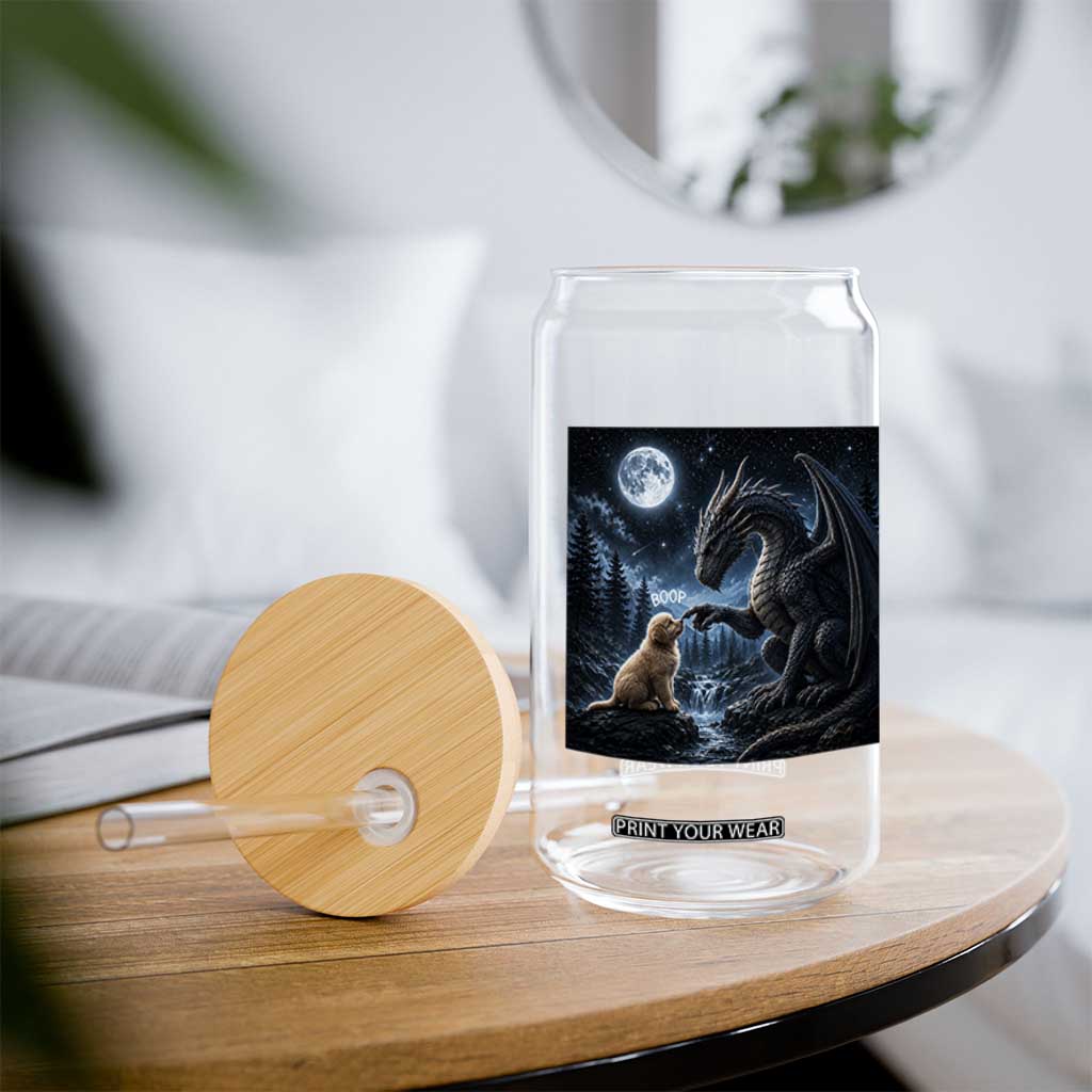 Dragon Boop Golden Retriever Dog Under Full Moon 90s Retro Glass Can