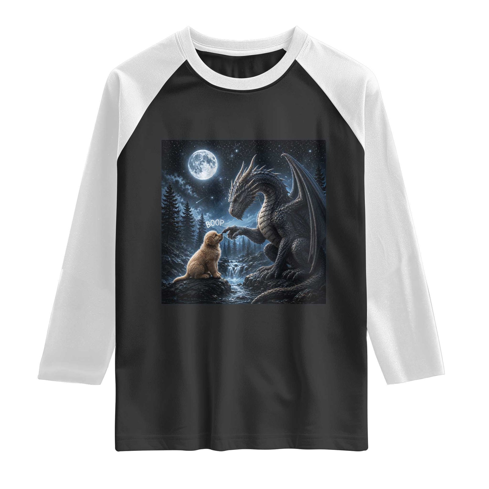 Dragon Boop Golden Retriever Dog Under Full Moon 90s Retro Raglan Shirt