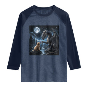 Dragon Boop Golden Retriever Dog Under Full Moon 90s Retro Raglan Shirt