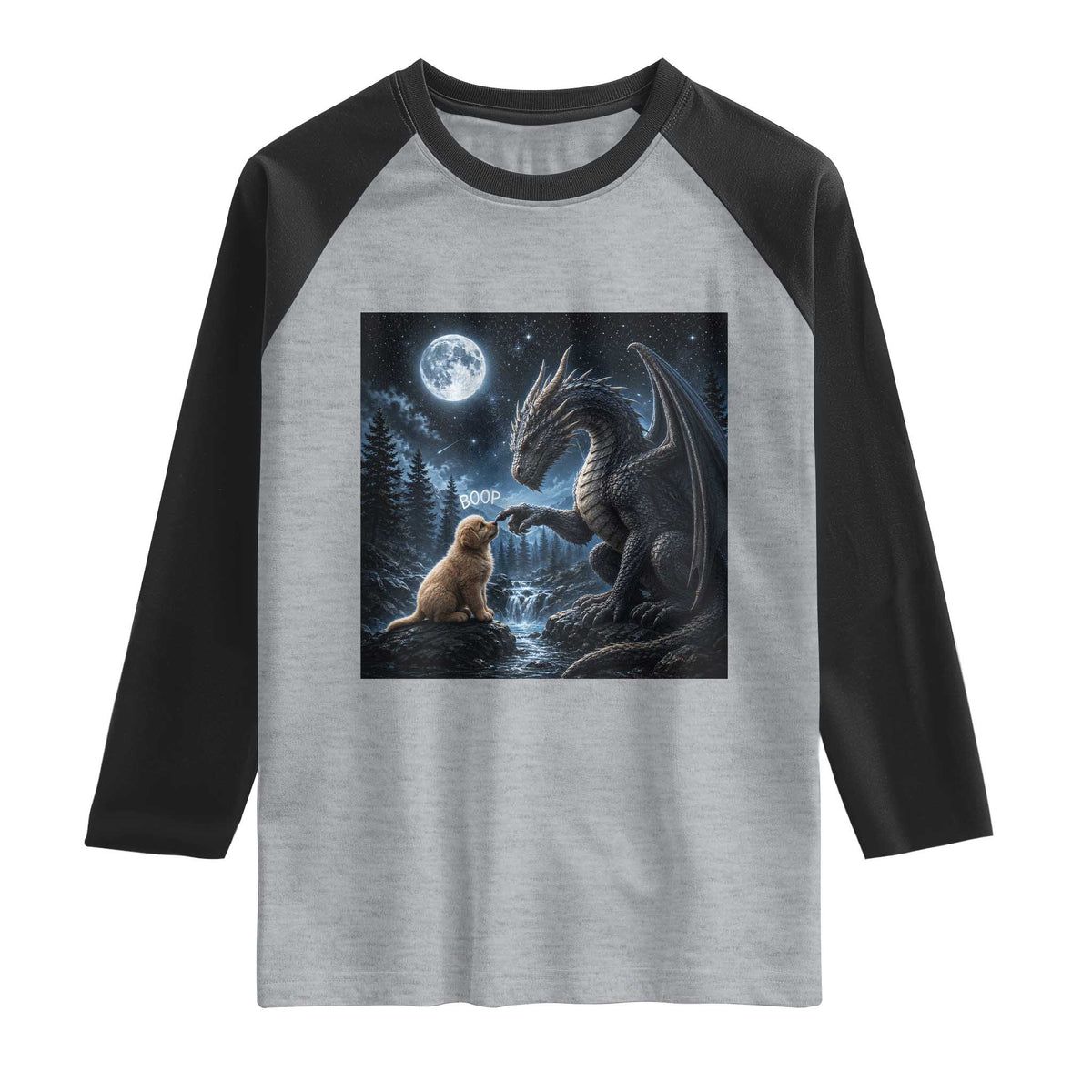 Dragon Boop Golden Retriever Dog Under Full Moon 90s Retro Raglan Shirt