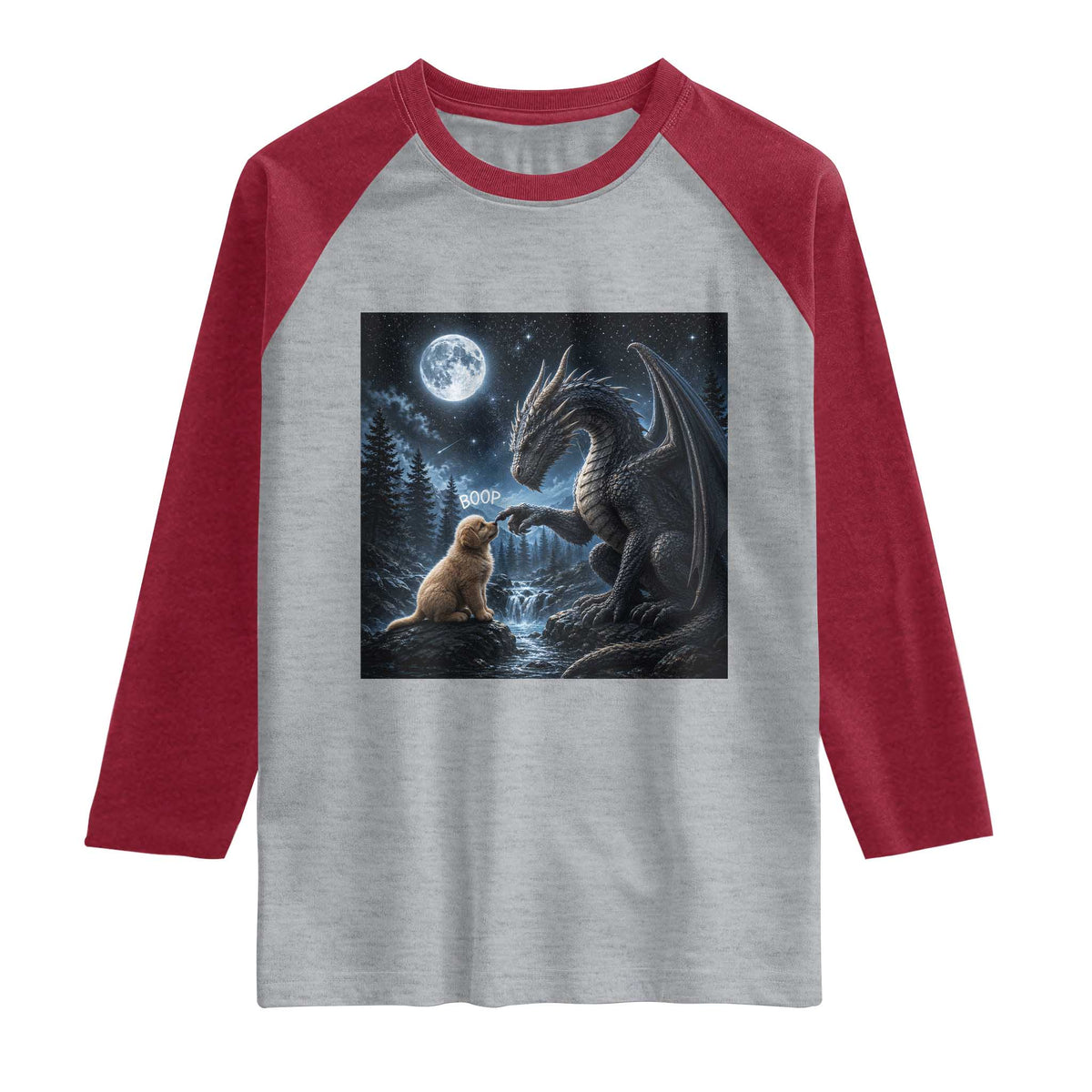 Dragon Boop Golden Retriever Dog Under Full Moon 90s Retro Raglan Shirt