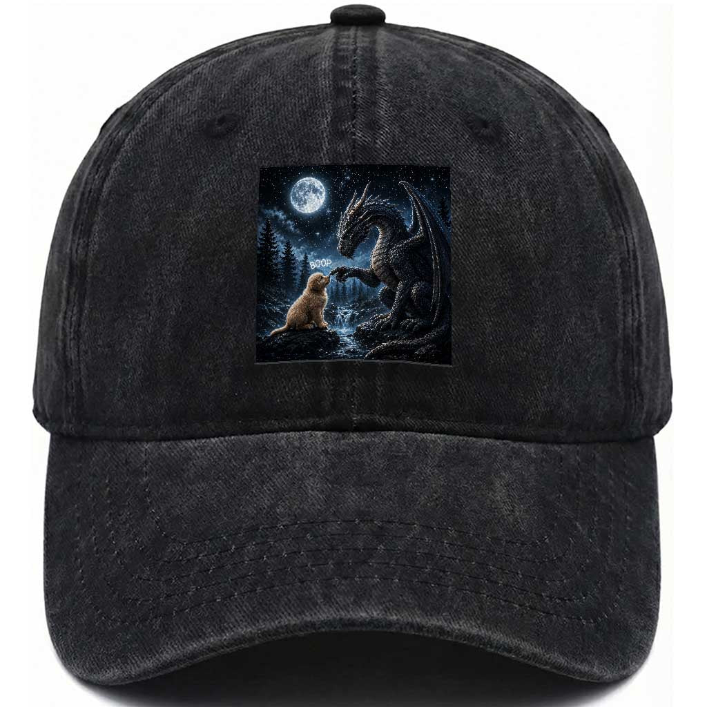 Dragon Boop Golden Retriever Dog Under Full Moon 90s Retro Washed Cotton Baseball Cap