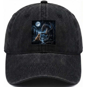 Dragon Boop Golden Retriever Dog Under Full Moon 90s Retro Washed Cotton Baseball Cap