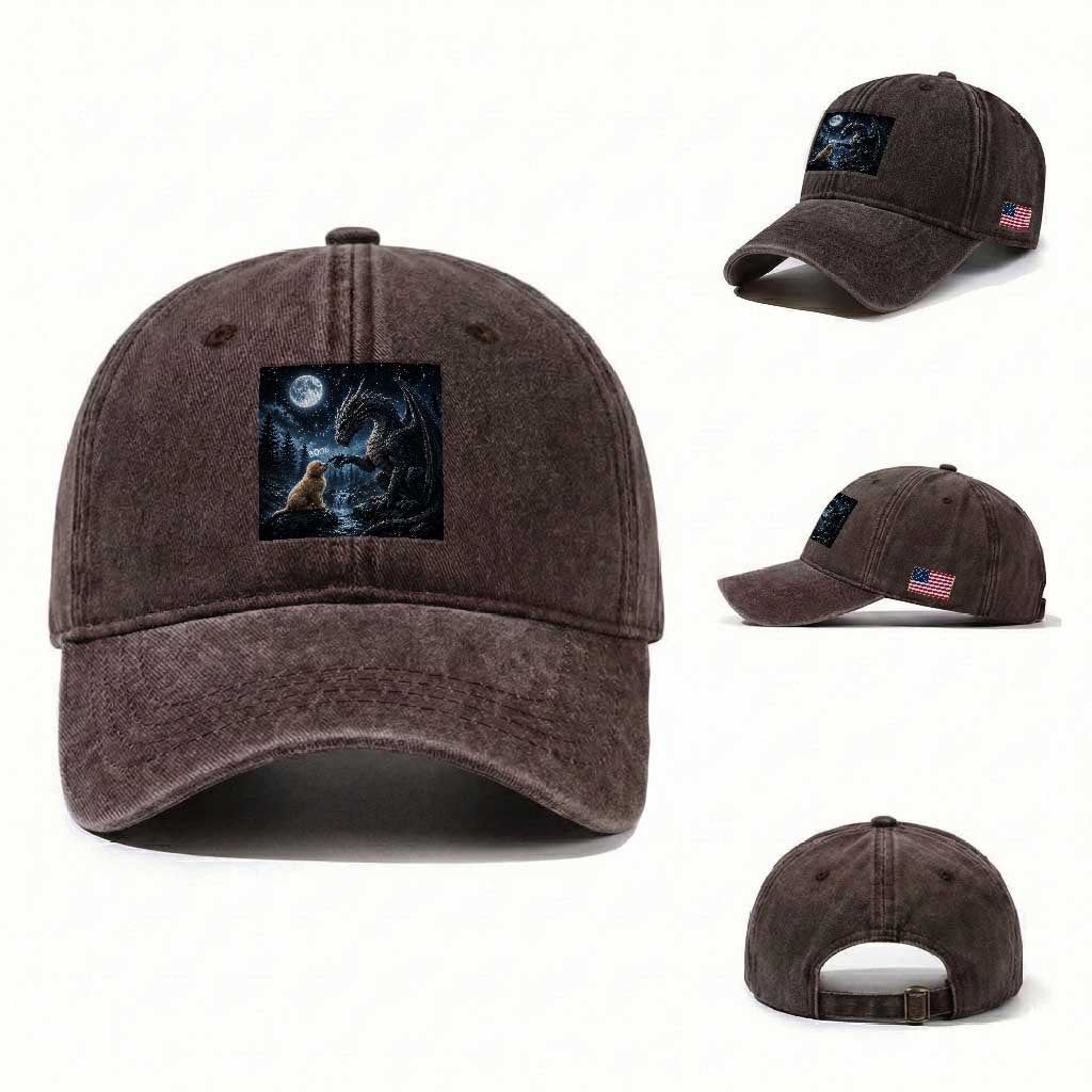 Dragon Boop Golden Retriever Dog Under Full Moon 90s Retro Washed Cotton Baseball Cap