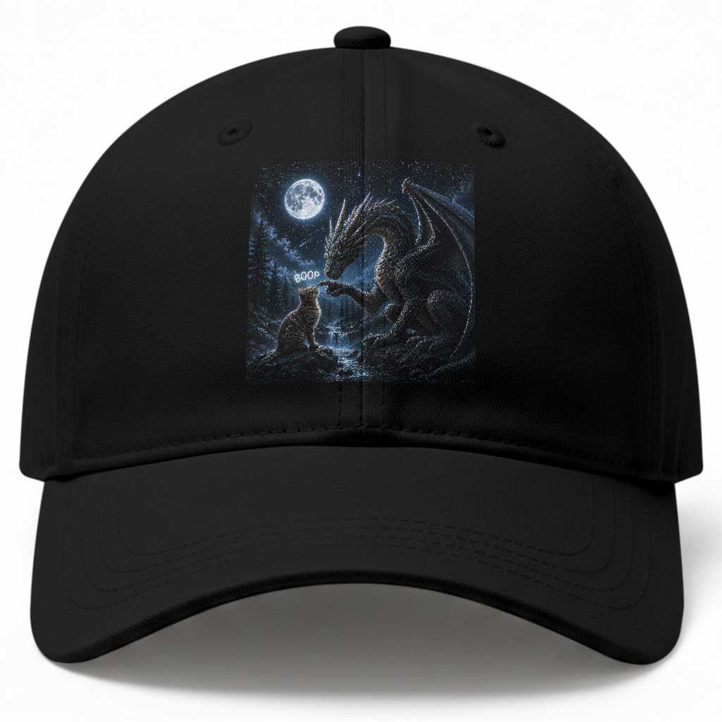 Dragon Boop Tortoiseshell Cat Under Full Moon 90s Retro Baseball Cap Funny Cute Fantasy Night