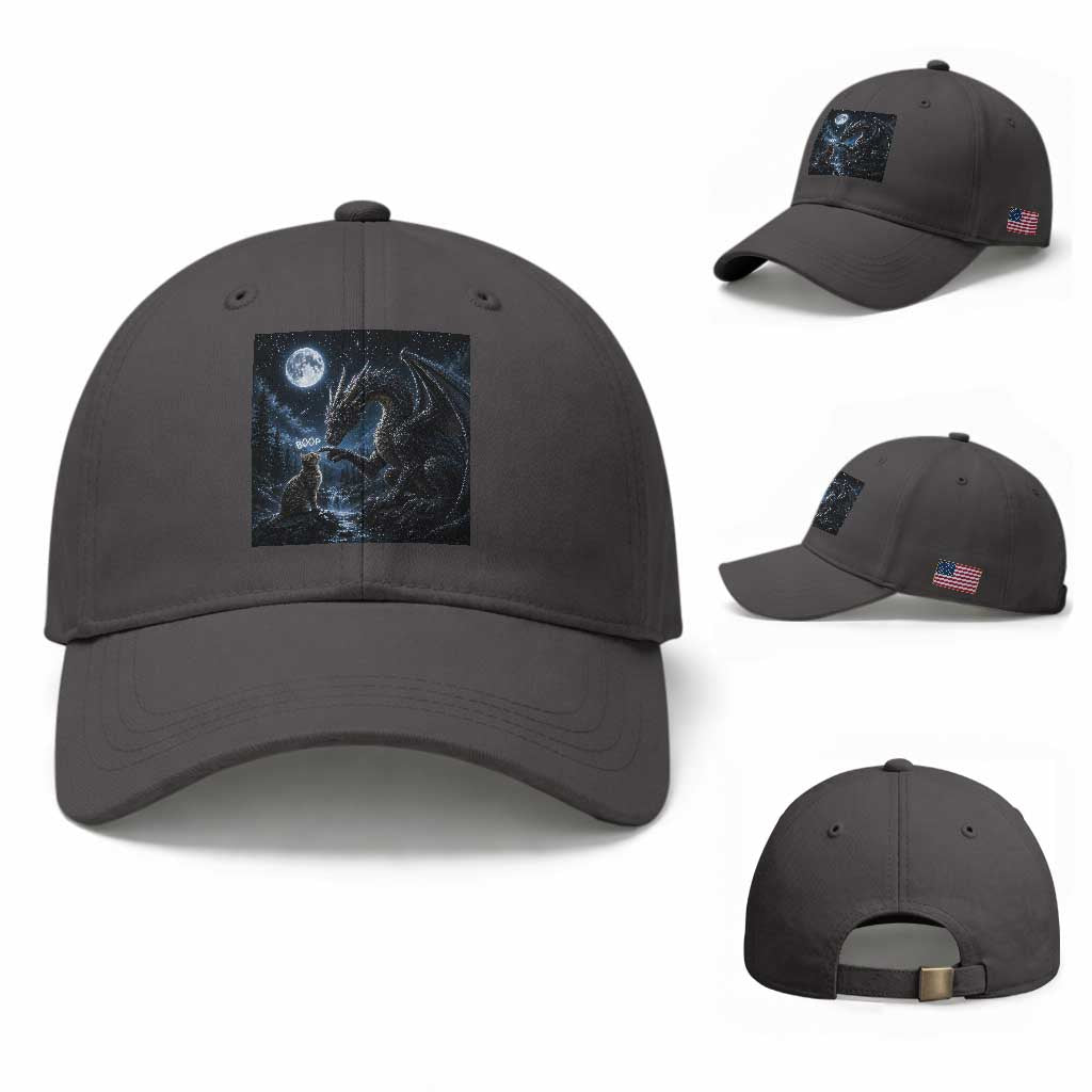 Dragon Boop Tortoiseshell Cat Under Full Moon 90s Retro Baseball Cap Funny Cute Fantasy Night