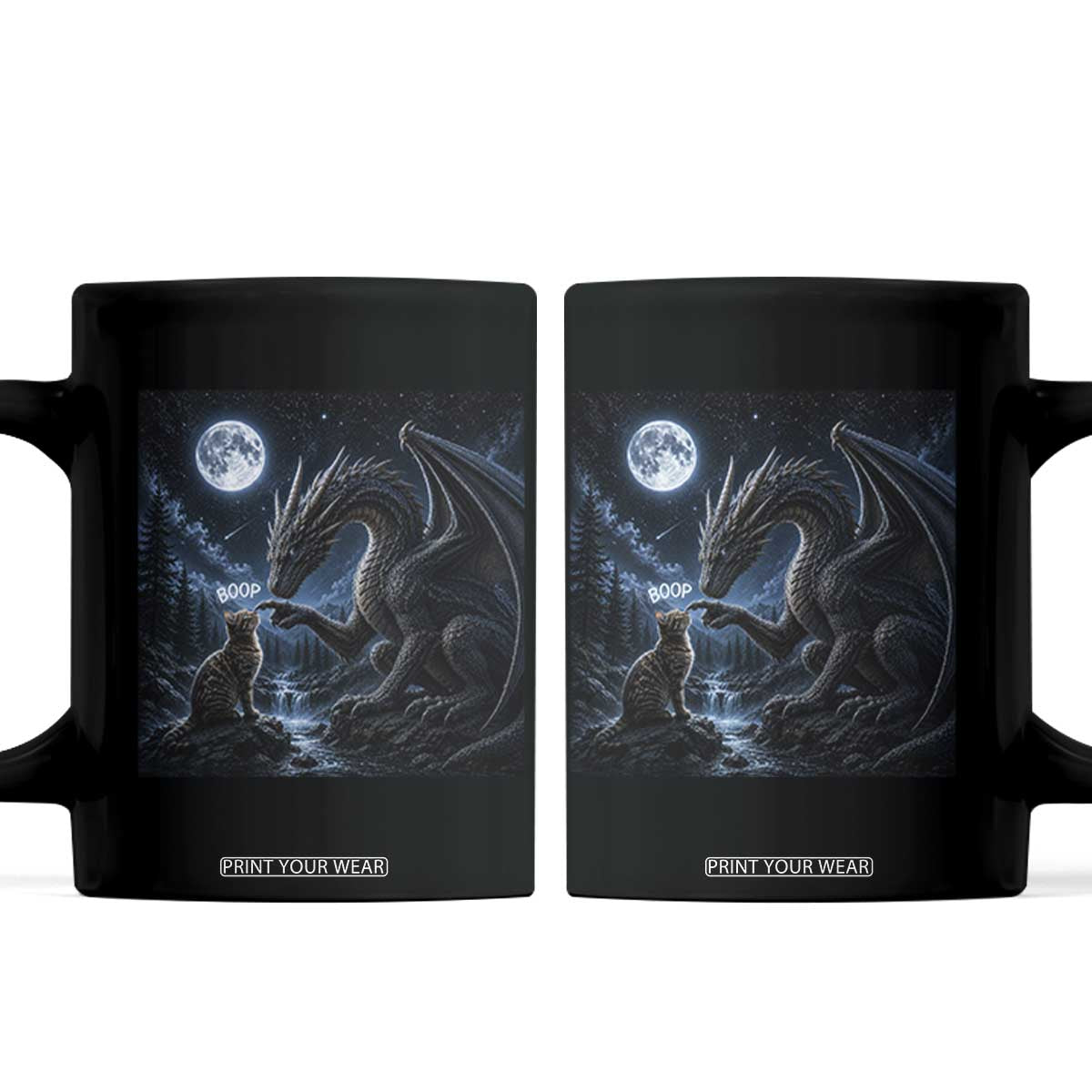 Dragon Boop Tortoiseshell Cat Under Full Moon 90s Retro Coffee Mug Funny Cute Fantasy Night