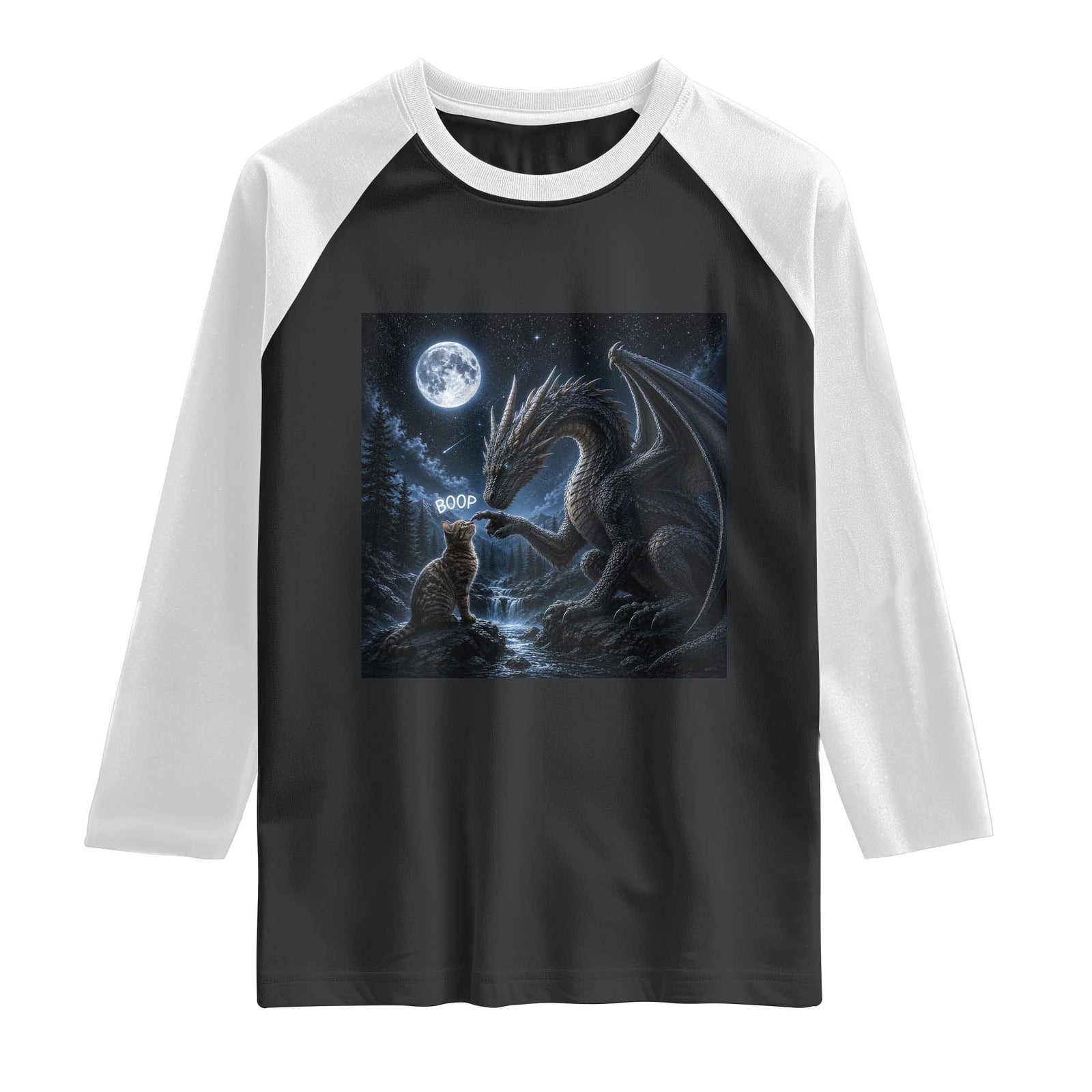Dragon Boop Tortoiseshell Cat Under Full Moon 90s Retro Raglan Shirt Funny Cute Fantasy Night