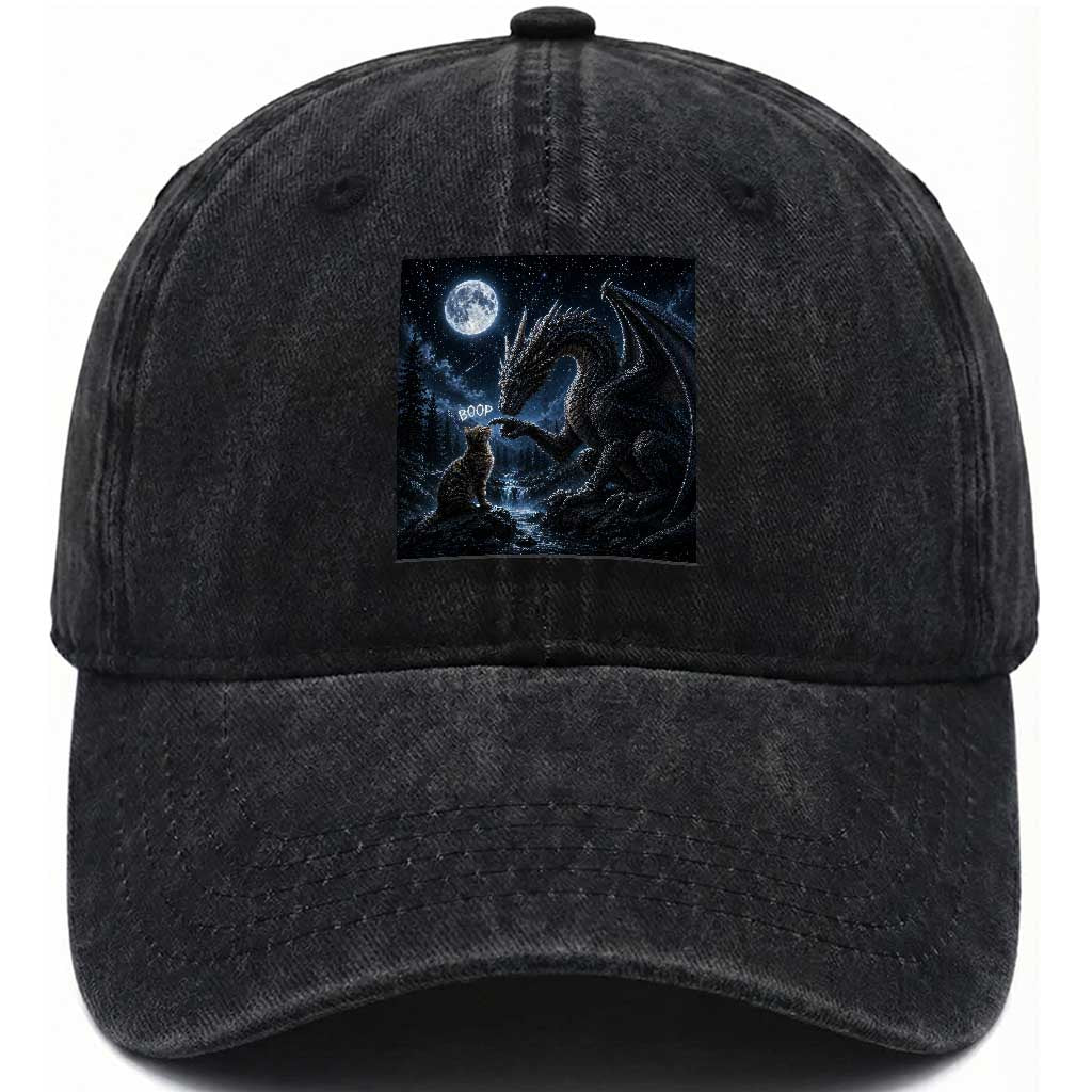 Dragon Boop Tortoiseshell Cat Under Full Moon 90s Retro Washed Cotton Baseball Cap Funny Cute Fantasy Night