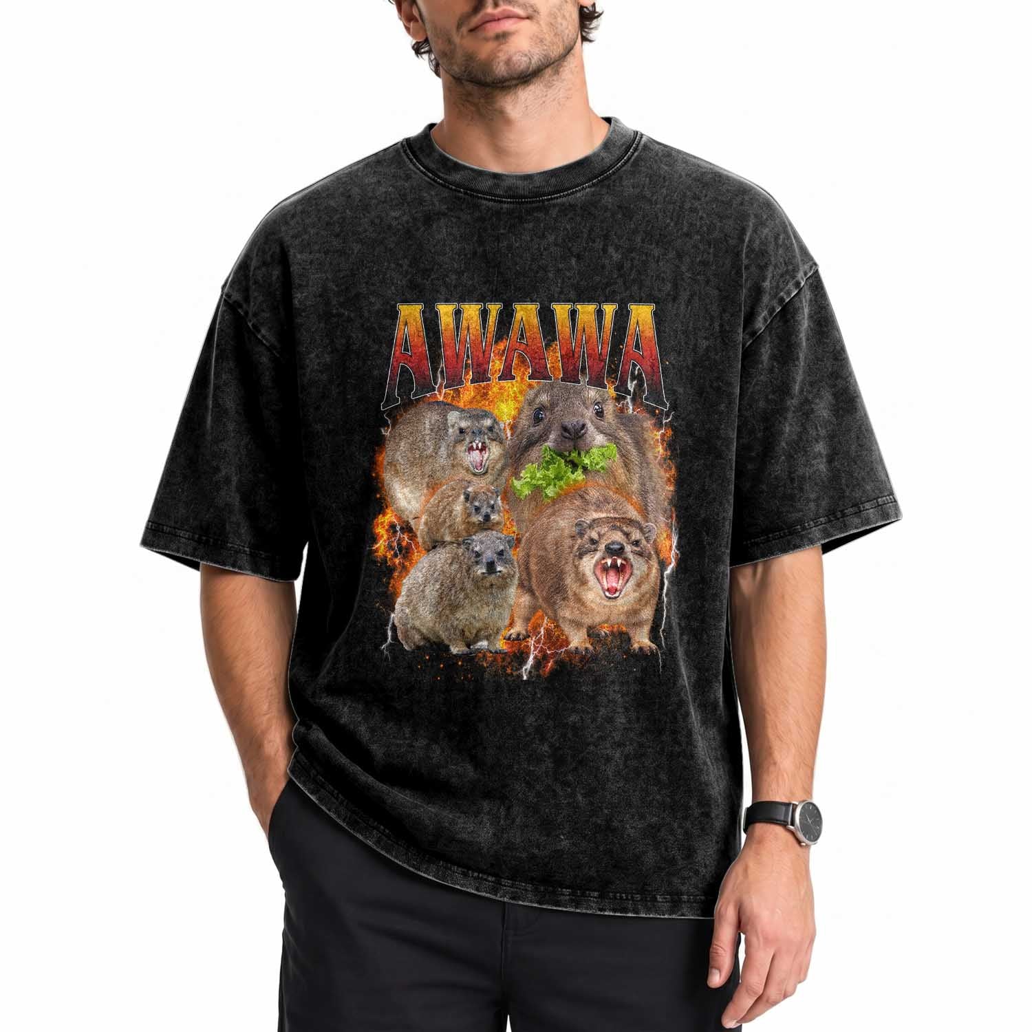 Funny Awawa Hyrax Screaming Meme 90s Bootleg Vintage Graphic Washed Cotton T-Shirt