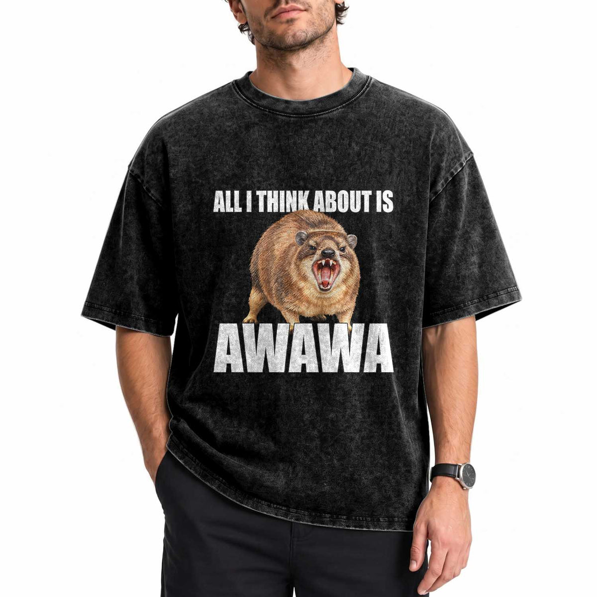 Funny Hyrax Meme Washed Cotton T-Shirt All I Think About Is Awawa